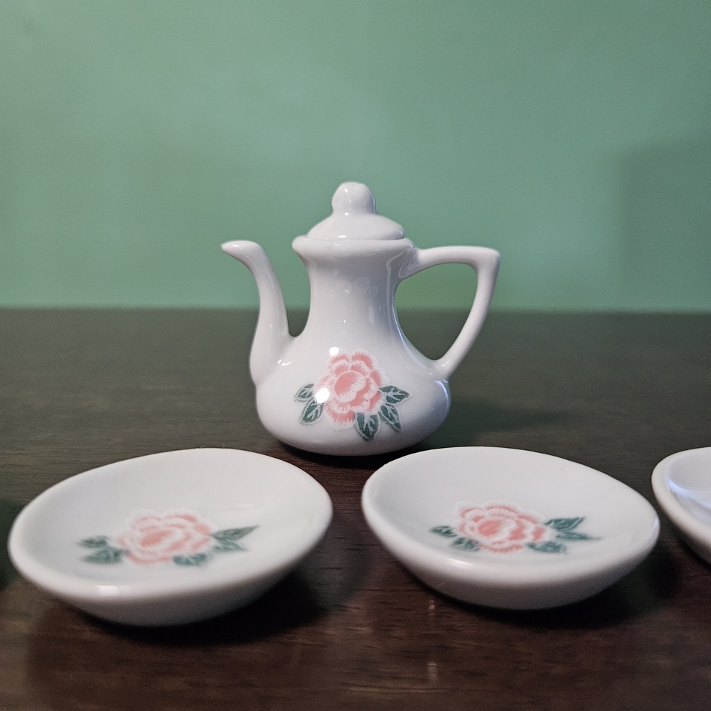 Pink Rose Miniature Porcelain Teapot and Saucer Set - Picture 2 of 4